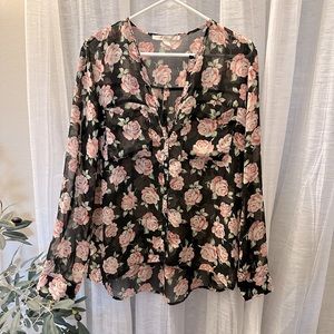 Black Floral with Pink Roses Long Sleeve Blouse Size Large